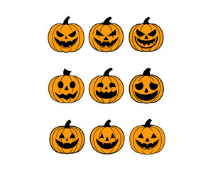 Halloween Pumpkin Vector Set – Scary, Spooky, Cute, Hpayy, Angry, Sad and Evil Jack-o'-Lantern Faces – Carved Pumpkin Illustration for Halloween Design.