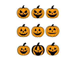 Halloween Pumpkin Vector Set – Scary, Spooky, Cute, Hpayy, Angry, Sad and Evil Jack-o'-Lantern Faces – Carved Pumpkin Illustration for Halloween Design.