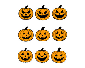 Halloween Pumpkin Vector Set – Scary, Spooky, Cute, Hpayy, Angry, Sad and Evil Jack-o'-Lantern Faces – Carved Pumpkin Illustration for Halloween Design.