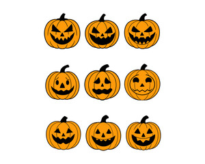 Halloween Pumpkin Vector Set – Scary, Spooky, Cute, Hpayy, Angry, Sad and Evil Jack-o'-Lantern Faces – Carved Pumpkin Illustration for Halloween Design.