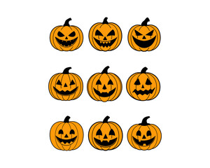 Halloween Pumpkin Vector Set – Scary, Spooky, Cute, Hpayy, Angry, Sad and Evil Jack-o'-Lantern Faces – Carved Pumpkin Illustration for Halloween Design.