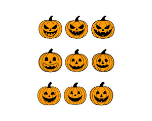 Halloween Pumpkin Vector Set – Scary, Spooky, Cute, Hpayy, Angry, Sad and Evil Jack-o'-Lantern Faces – Carved Pumpkin Illustration for Halloween Design.
