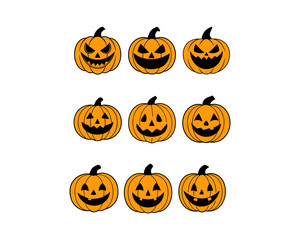 Halloween Pumpkin Vector Set – Scary, Spooky, Cute, Hpayy, Angry, Sad and Evil Jack-o'-Lantern Faces – Carved Pumpkin Illustration for Halloween Design.