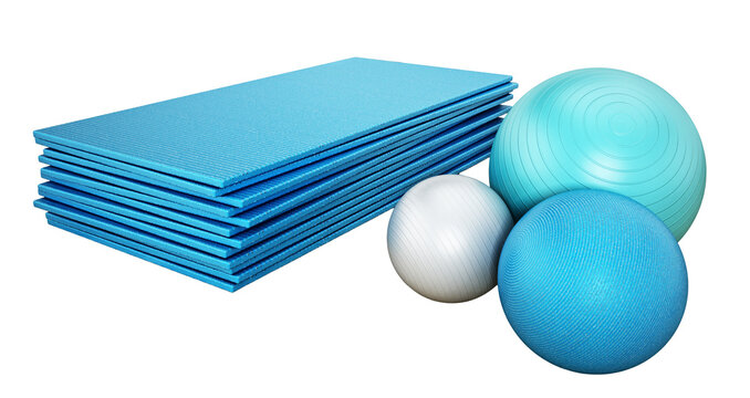Pilates mat and exercise balls on transparent background. 3D illustration