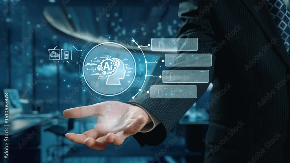 Poster human interact with ai artificial intelligence brain processor in concept of ai artificial intellige