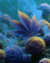 Obraz premium Illustration: gradient purple cannabis leaf and abstract aromas represented by smoke and spheres representing cannabis compounds. This is cannabis-themed art.