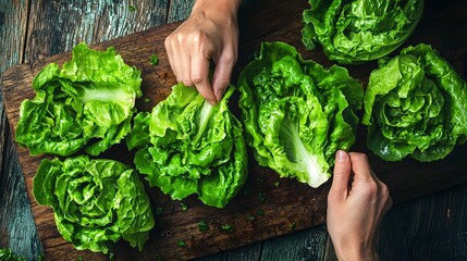 Hands skillfully slicing fresh vibrant lettuce greens