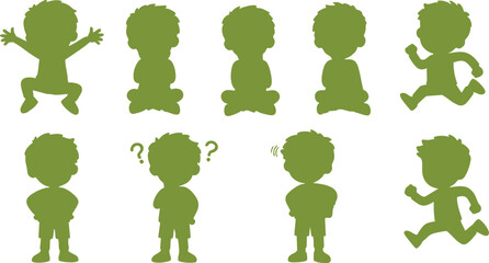 Various green silhouette poses of a child including jumping running and sitting on a white background