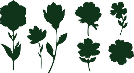Silhouette of various flower shapes with stems and leaves on a white background illustration art