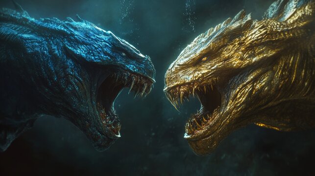 Two prehistoric sea creatures engage in an epic struggle in the unexplored, mystical depths of the sea