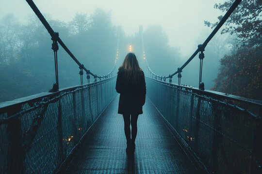 Woman walking on a bridge covered in mist silhouette