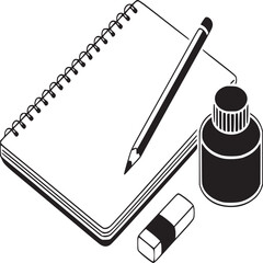 Graphic tablet with pen, ruler, and color palettes in black and white style
