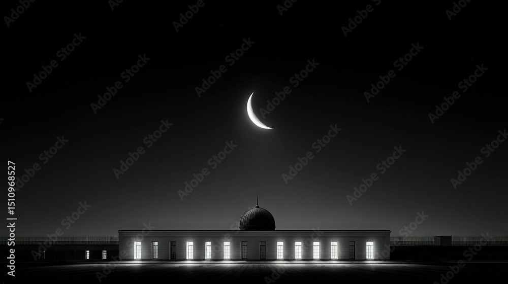 Wall mural a monochrome image depicts a nighttime building scene with a half-moon and illuminated structure