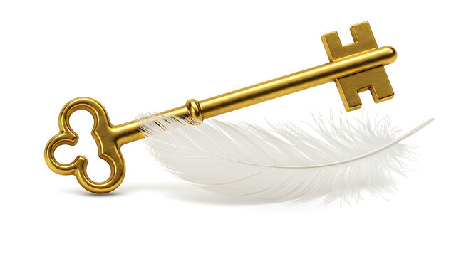Elegant Golden Key with White Feather: A conceptual still life featuring an ornate golden skeleton key, symbolizing solutions and opportunities, gently resting upon or alongside a soft, pure white fea