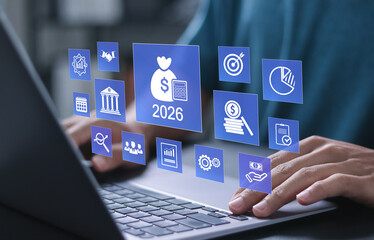 2026 Budget planning and management concept. Calculate company income and expenses, Company budget allocation for business or project management. Corporate finance and annual strategic plan.