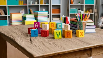 Colorful wooden alphabet blocks arranged on a wooden table, back to school concept, learn letters and education, colorful educational equipment - Powered by Adobe