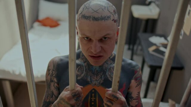 Heavily tattooed inmate gripping cell bars tightly, threatening and then laughing sinisterily on camera inside prison room. Video portrait