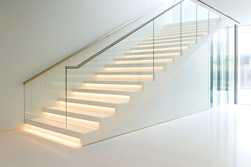 Obraz premium A modern staircase with a glass railing and LED strip lighting under each step, creating a clean, minimalist aesthetic.