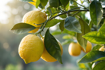 Ripe yellow lemons hanging on a tree branch with green leaves in the sunlight.