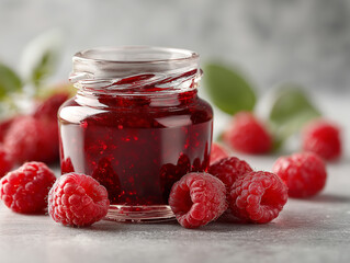 glass jar of raspberry jam with metal lid on clean light background surrounded by several juicy raspberries

