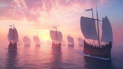 Majestic ancient warships battling fierce waves on turbulent seas are the focal point of a dramatic composition that showcases the power of nature and maritime history in vivid colors