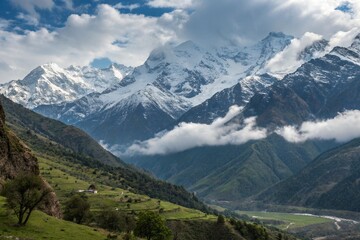 Obraz premium A stunning and majestic snowy mountain range with a beautiful river flowing in the foreground