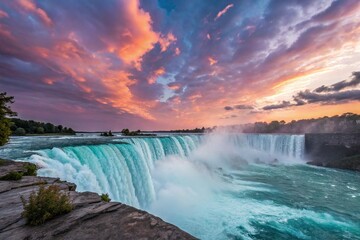 A stunning waterfall with a breathtaking sunset in the background colors the scene beautifully