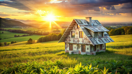 Peaceful countryside scene with unique house made of floral patterns, surrounded by lush green fields and mountains under vibrant sunset sky. warm light creates serene atmosphere