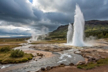 In the center of a vast field, a magnificent geyser is spectacularly erupting with force