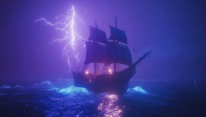 Obraz premium A vintage sailing boat struggles against a raging storm illuminated by bolts of lightning