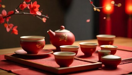 Chinese New Year Tea Ceremony with Traditional Tea Set, A tea ceremony held during Chinese New Year, with red tea sets and traditional Chinese treats, created with generative ai