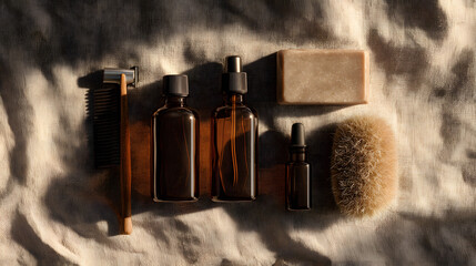 Grooming and skincare essentials for a self-care routine, featuring natural and sustainable products