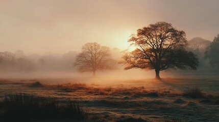   A foggy field with a solitary tree standing out in front and the sun filtering through the trees behind it, casting dappled light onto the ground