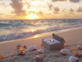 A romantic shot of a proposal set against a stunning sunset at the beach, with a single ring box placed on the sand, surrounded by small seashells and soft waves crashing in the background