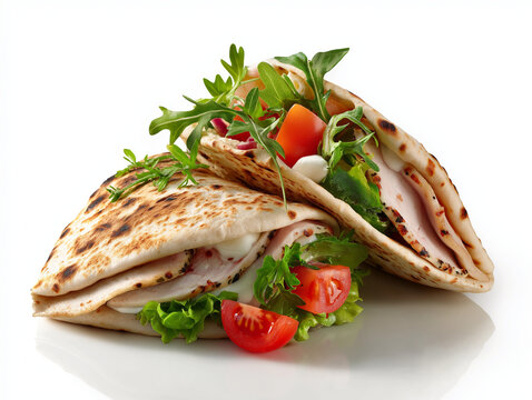 Advertising photo of a Piadina folded in half seen from above with turkey, squacquerone, mixed salad, tomato, on a white background