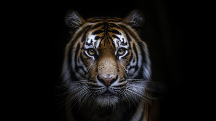Fototapeta premium Close up of a tiger looking at the camera with a black background