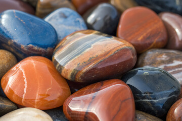 Collection of colorful polished stones smooth rocks with natural patterns ideal for spa decor and zen gardens