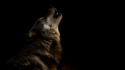 Fototapeta premium A beautiful wolf howls at the moon. Close-up of the animal.