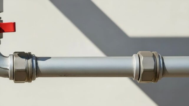 Industrial pipe system detail closeup showing metallic pipe section with compression fittings and valve.  Metal pipe installation with red valve handle.  Image perfect for industrial design projects.