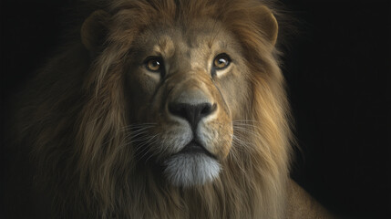 Fototapeta premium Close-up portrait of a lion on a black background with copy space