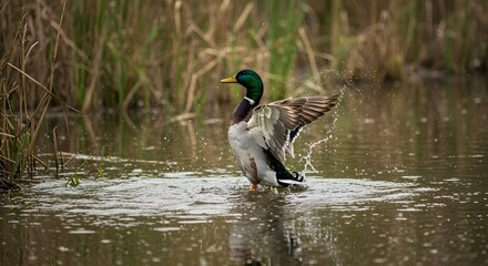 Obraz premium Mallard Duck Taking Flight: A Stunning Wildlife Moment Captured in Nature