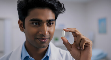 Young Doctor Examining Medicine: Healthcare Professional with Pill