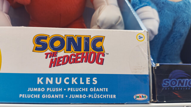 Guayaquil, Ecuador &ndash; May 17, 2025: Packaging of jumbo Knuckles plush, character from Sonic the Hedgehog, displayed at a local store, symbolizing the commercial legacy of SEGA&rsquo;s iconic franchise.