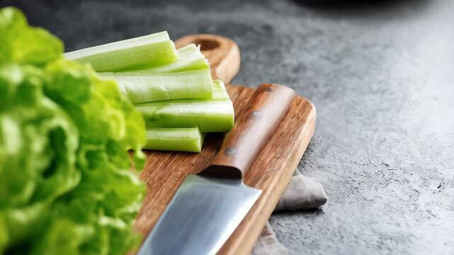 Fresh green lettuce head and sliced celery stalks with knife on wooden cutting board, a healthy cooking preparation.