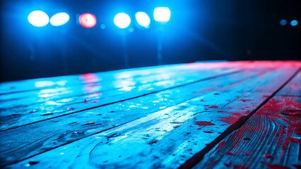 Dramatic lighting illuminates a bloodstained wooden surface evoking mystery and horror