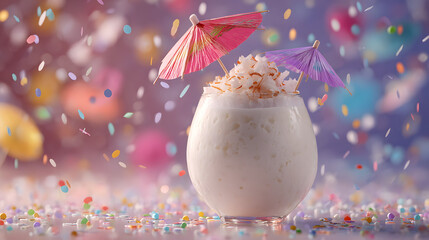 Refreshing creamy coconut cocktail with colorful confetti falling, perfect for a vibrant celebration or tropical party atmosphere