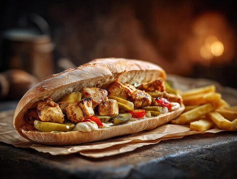 An Egyptian-style chicken shish tawook sandwich in a French baguette, grilled chicken cubes with golden sear, stuffed in toasted French bread, garlic sauce, pickles, fries inside the sandwich, wrapped