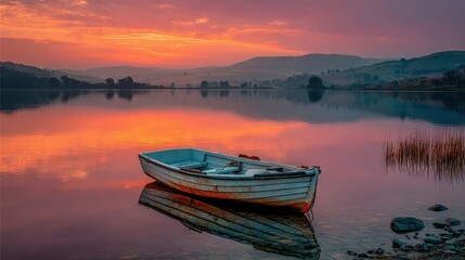 Naklejka premium A tiny boat glides on a serene lake beneath vibrant pink and orange skies, surrounded by majestic mountains