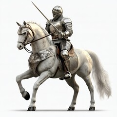 Fototapeta premium A Medieval-themed, photorealistic illustration in PNG format features a Knight in armor riding a white horse, wielding a sword in motion, with a cutout and isolated background, generated by AI