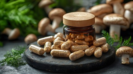 Mushroom extract capsules on a table with fresh mushrooms